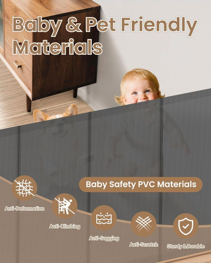 Retractable Baby Gate, 55" Wide Mesh Gate with 4 Reinforced Rods, Prevents Kids & Dogs from Crawling Under, 34" Tall Easy-to-Use Pet Gate for Stairs, Bedrooms, Hallways, Indoor/Outdoor, White