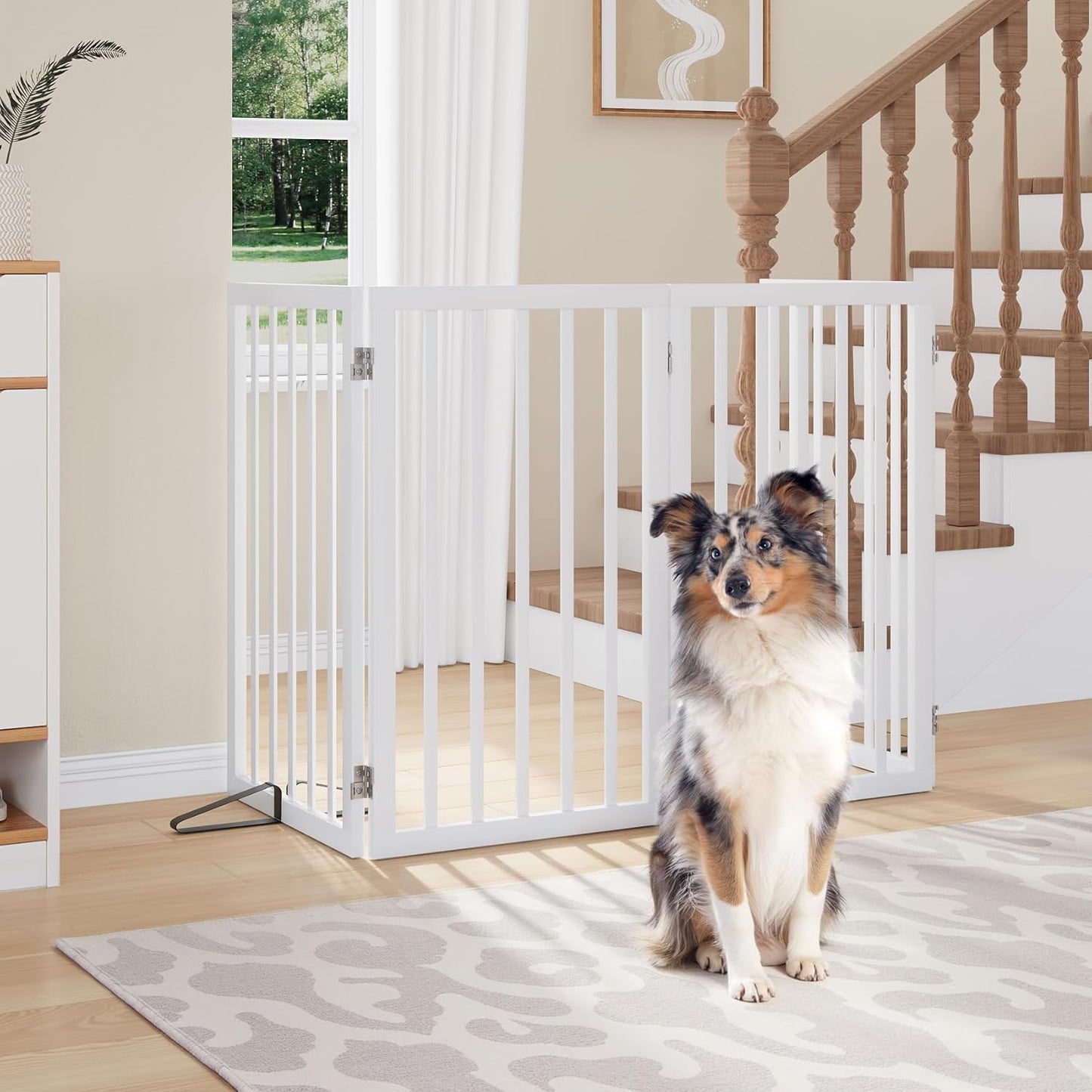 Freestanding Dog Gates Indoor, 3-Panel Pet Gates with 2 Metal Stands and 360° Hinge, 24" H Foldable Dog Gate for Stairs, Doorway, Kitchen, Expands Up to 55" Fully Assembled - Black Walnut