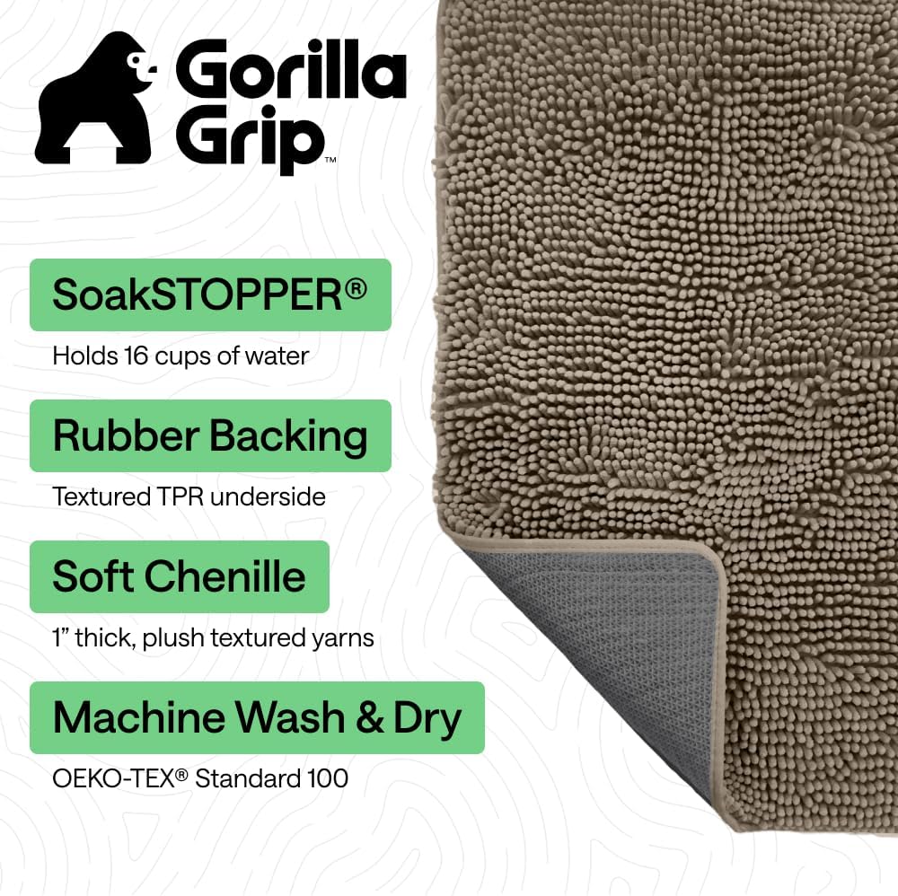 GORILLA GRIP SoakSTOPPER Dog Door Mat, 30x20 Machine Washable Rug Absorbent Doormat Captures Moisture Mud Dirt, Quick Dry Soft Chenille Entryway Rugs Indoor Entrance Mats for Dog Paws, Paw Grey