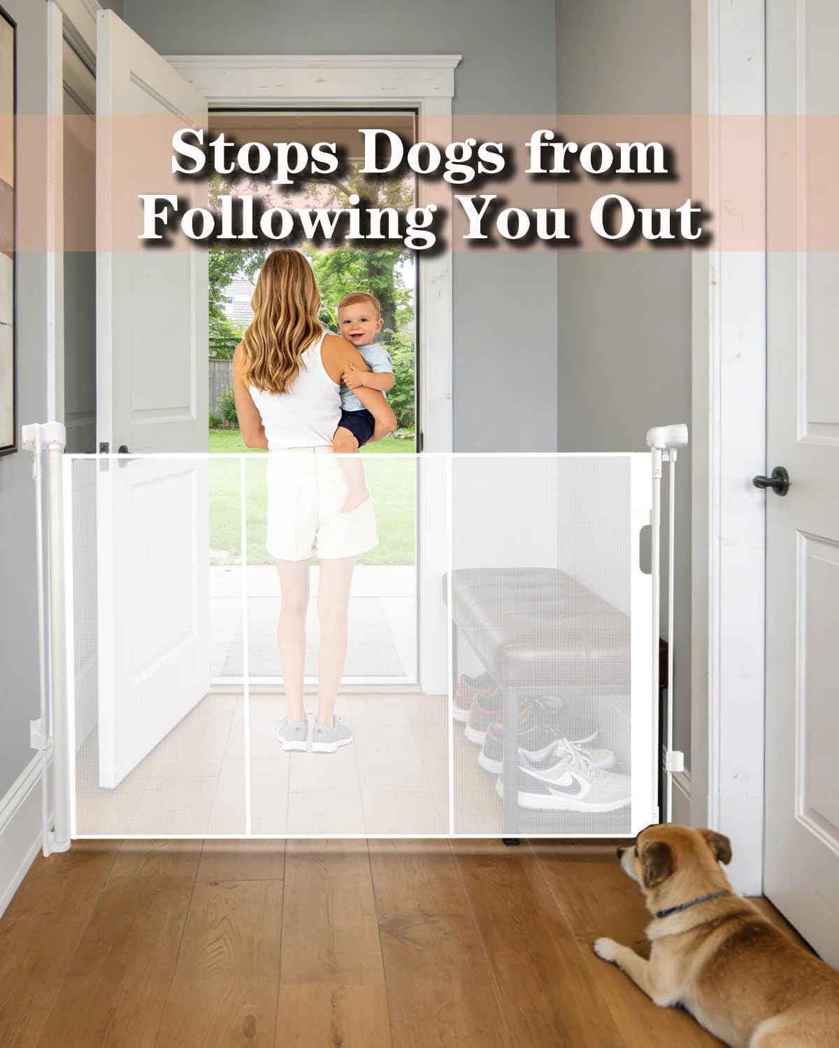 240'' Extra Wide Retractable Baby Gates for Large Opening, 42" Tall Retractable Dog Pet Gate with Support Rods, Long Mesh Screen Child Safety Gate for Garage Doorways Deck Stairs Yard Outdoor Indoor