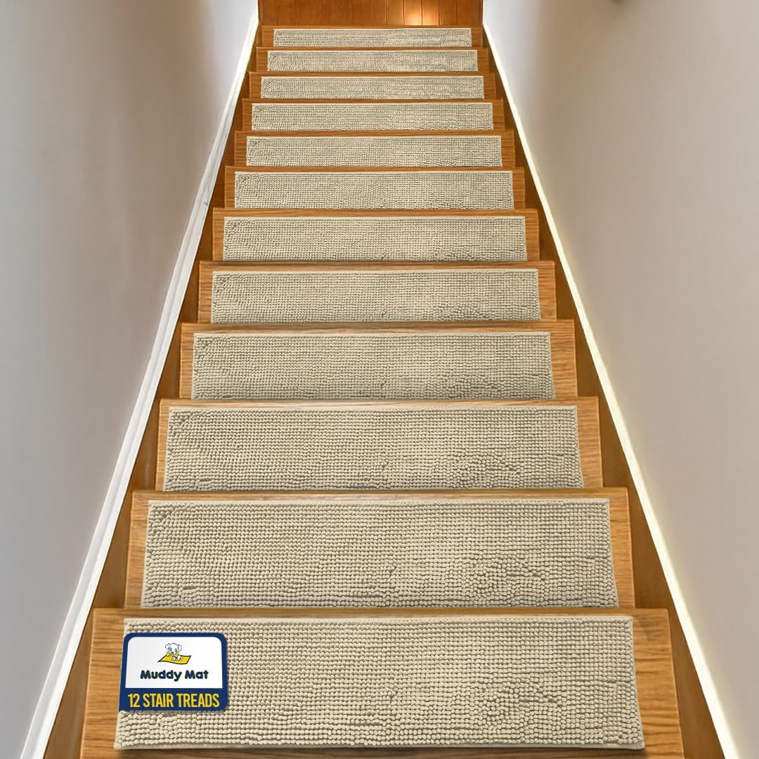 Muddy Mat® Pack of 4 - Soft Chenille Stair Treads Non-Slip Reusable, Super Absorbent Stair Treads for Wooden Steps, Tile & Marble Floor, Easy to Install & Machine Washable - Grey 30'' x 7''