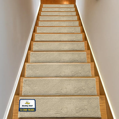 Muddy Mat® Pack of 4 - Soft Chenille Stair Treads Non-Slip Reusable, Super Absorbent Stair Treads for Wooden Steps, Tile & Marble Floor, Easy to Install & Machine Washable - Grey 30'' x 7''
