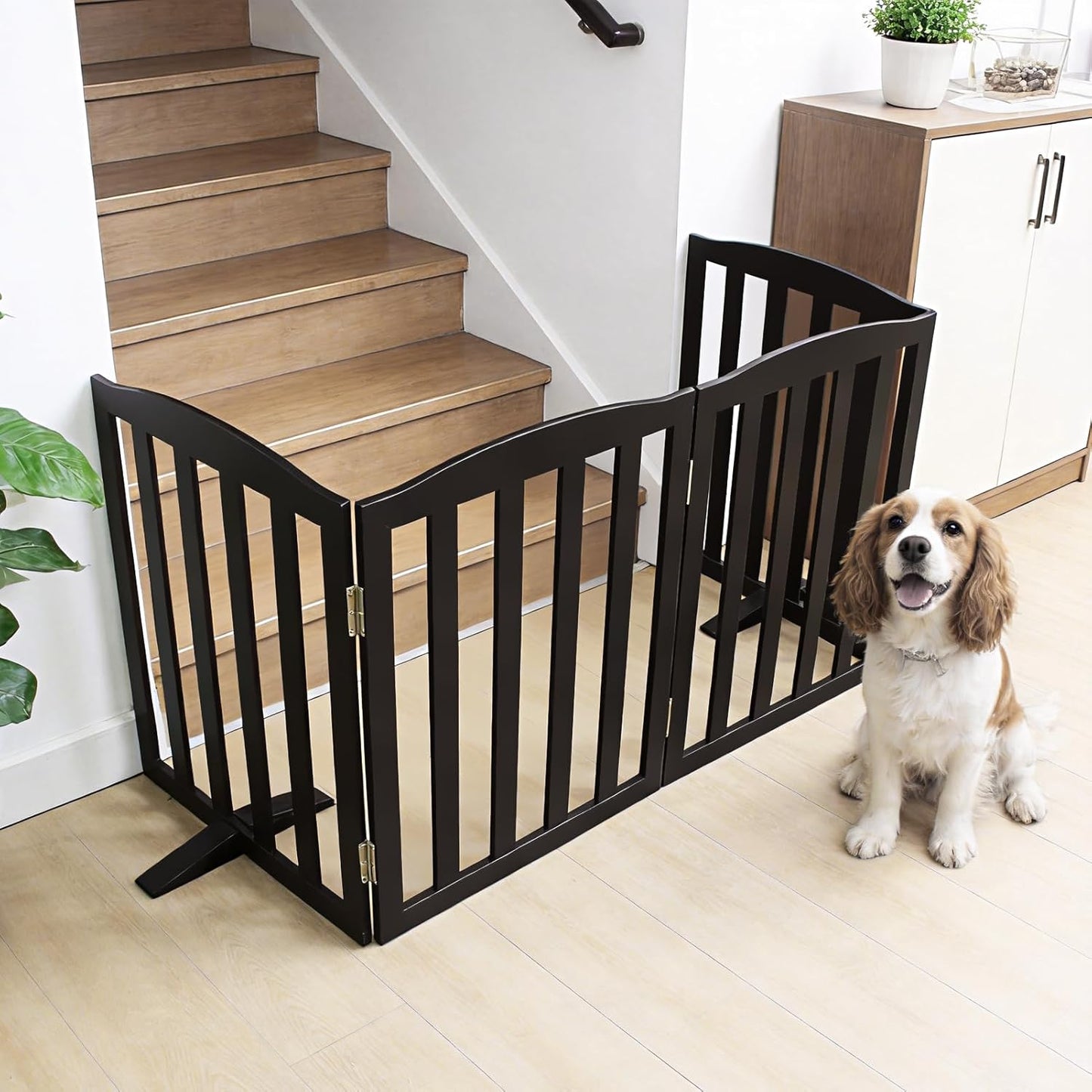 Freestanding Dog Gate Indoor,Doggie Gate Foldable Pet Gates for Doorways,Stairs or Hallways, Wooden Brown Pet Gate for the House, Pet Fence with Support Feet Included,24 "Height-3 Panels
