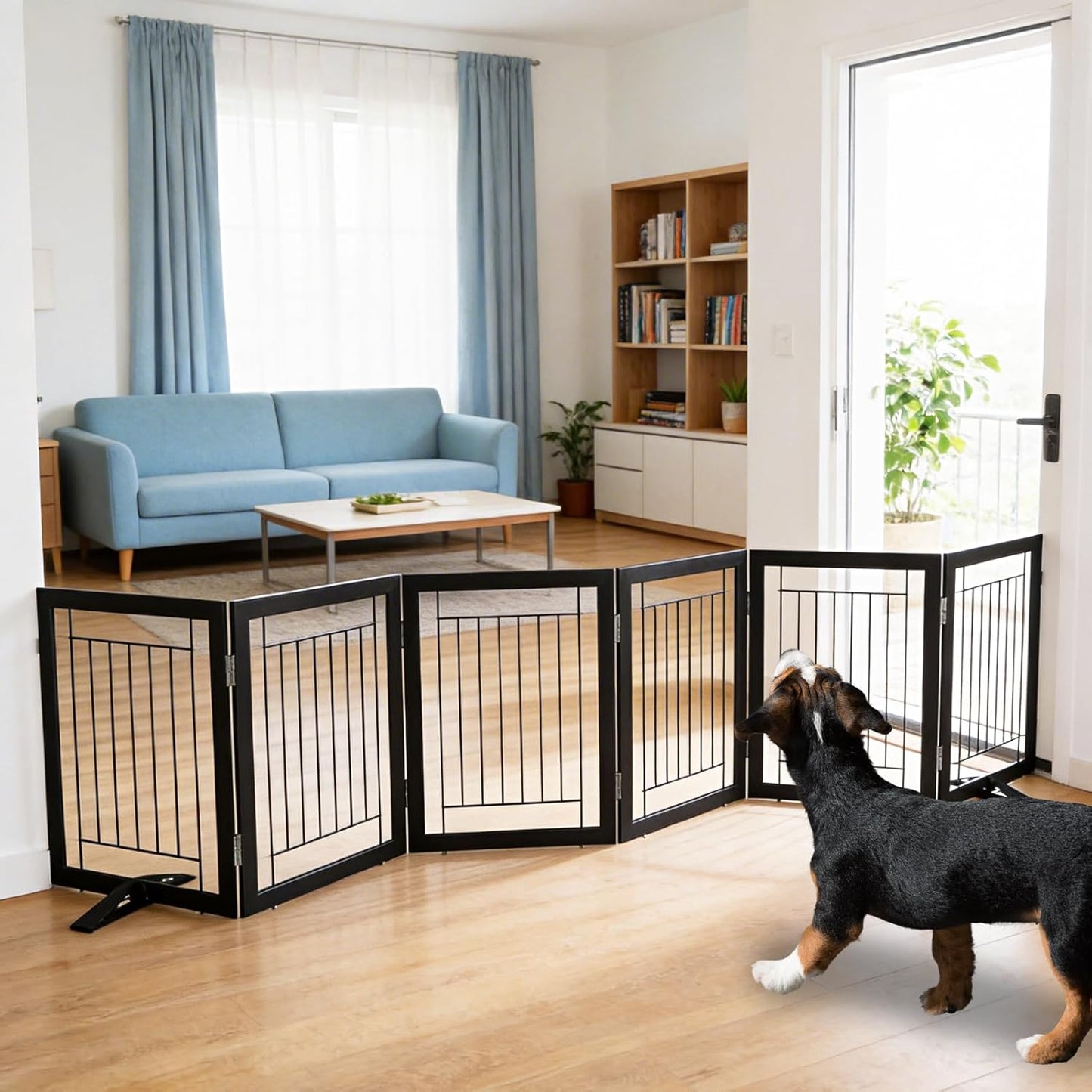 ZJSF Freestanding Dog Gate Indoor, Foldable Dog Fence for Doorways,Hallways or Stairs, Sturdy Wood Extra Wide Pet Gate with Support Feet,Black,24 "Height-3 Panels