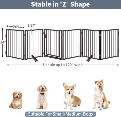 Metal Freestanding Dog Gates with Door for Outdoor Indoor,80'' Extra Wide 32'' Tall Free Standing Dog Gate for Doorways,Large Openings,Deck,Yard,Foldable Safety Pet Fence(Black,4 Panels)