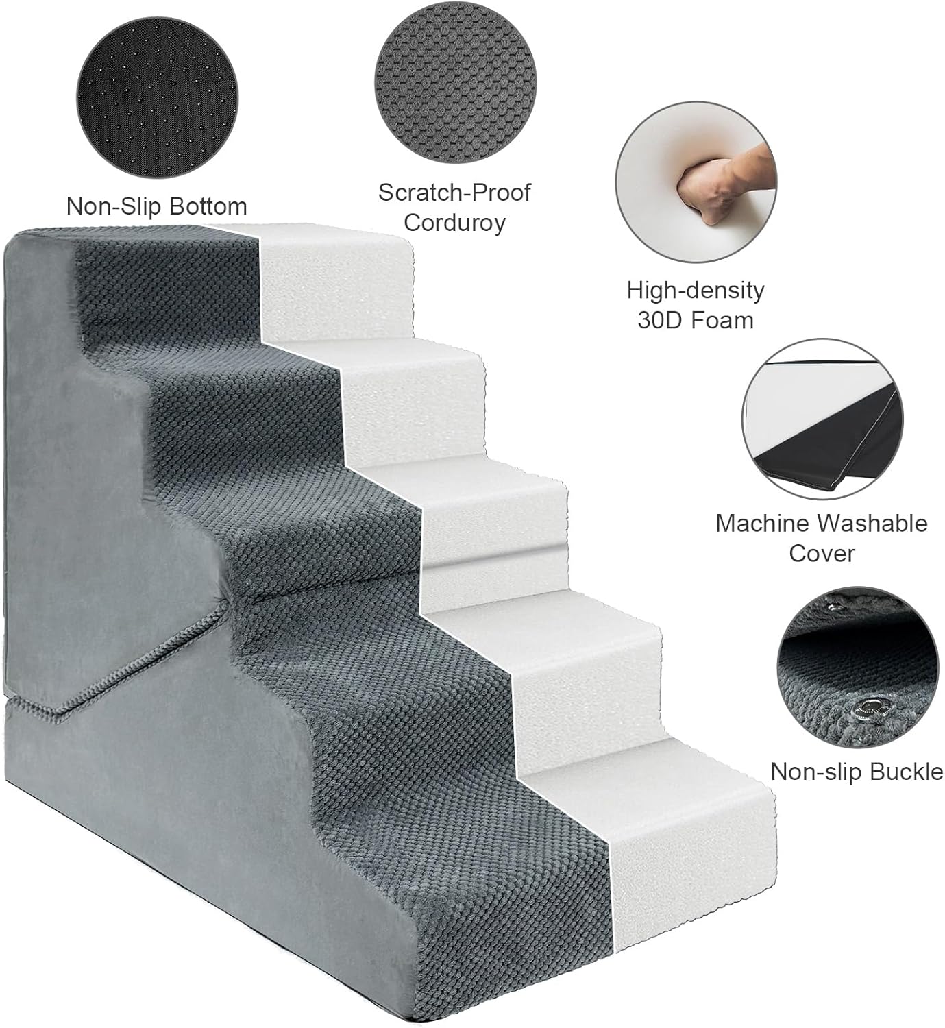 Dog Stairs for Small Dogs, 6-Step Dog Steps for High Bed, High-Density Foam Pet Stairs with Non-Slip Removable Washable Cover to Get on Bed