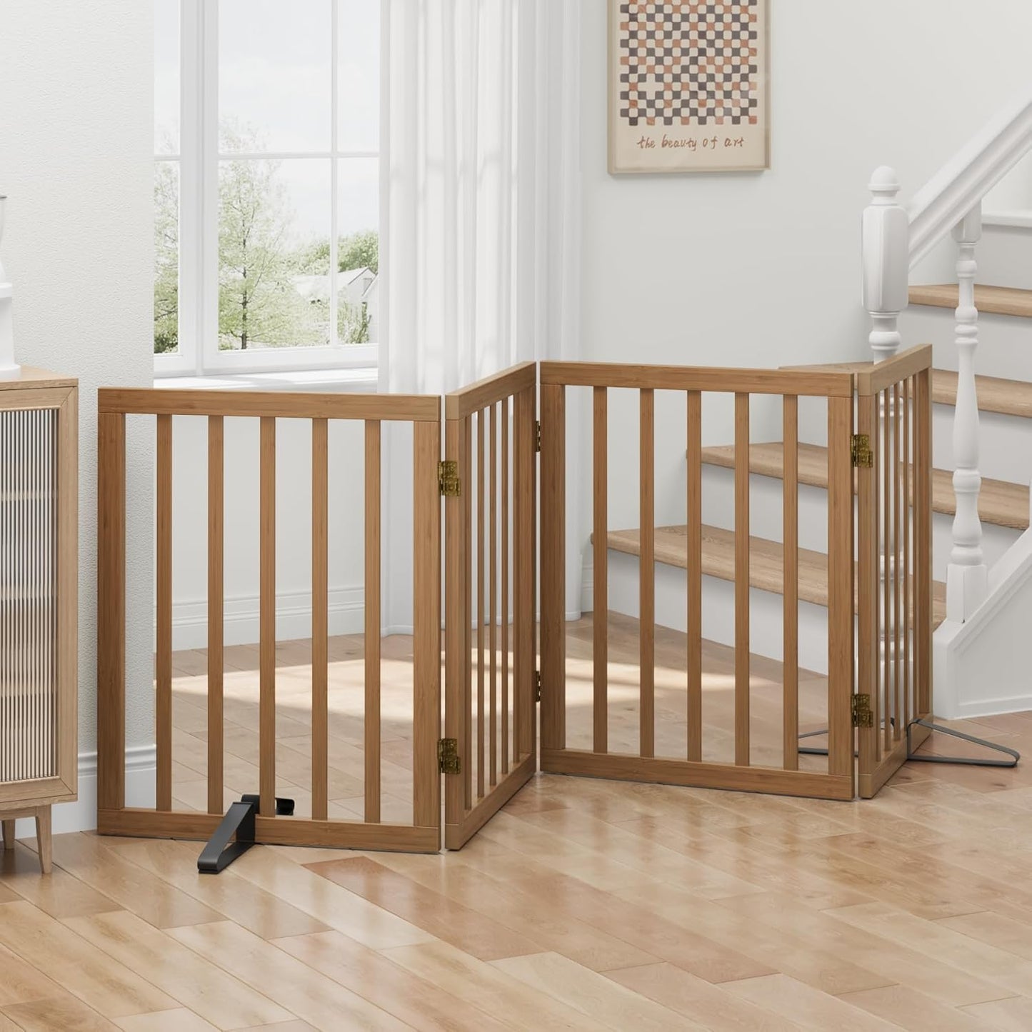 Freestanding Foldable Dog Gate - 4 Panel Room Divider with Metal Support Feet (Black)
