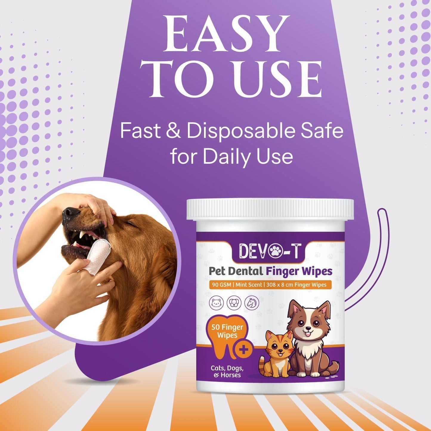 DEVO-T 100% Natural Dog Teeth Cleaning Wipes Unscented | 50 Count | Pet Teeth Cleaning Finger Wipes for Dogs, Cats & Horses | Remove Bad Breath, Plaque & Tartar Buildup | Dog Dental Wipes Finger