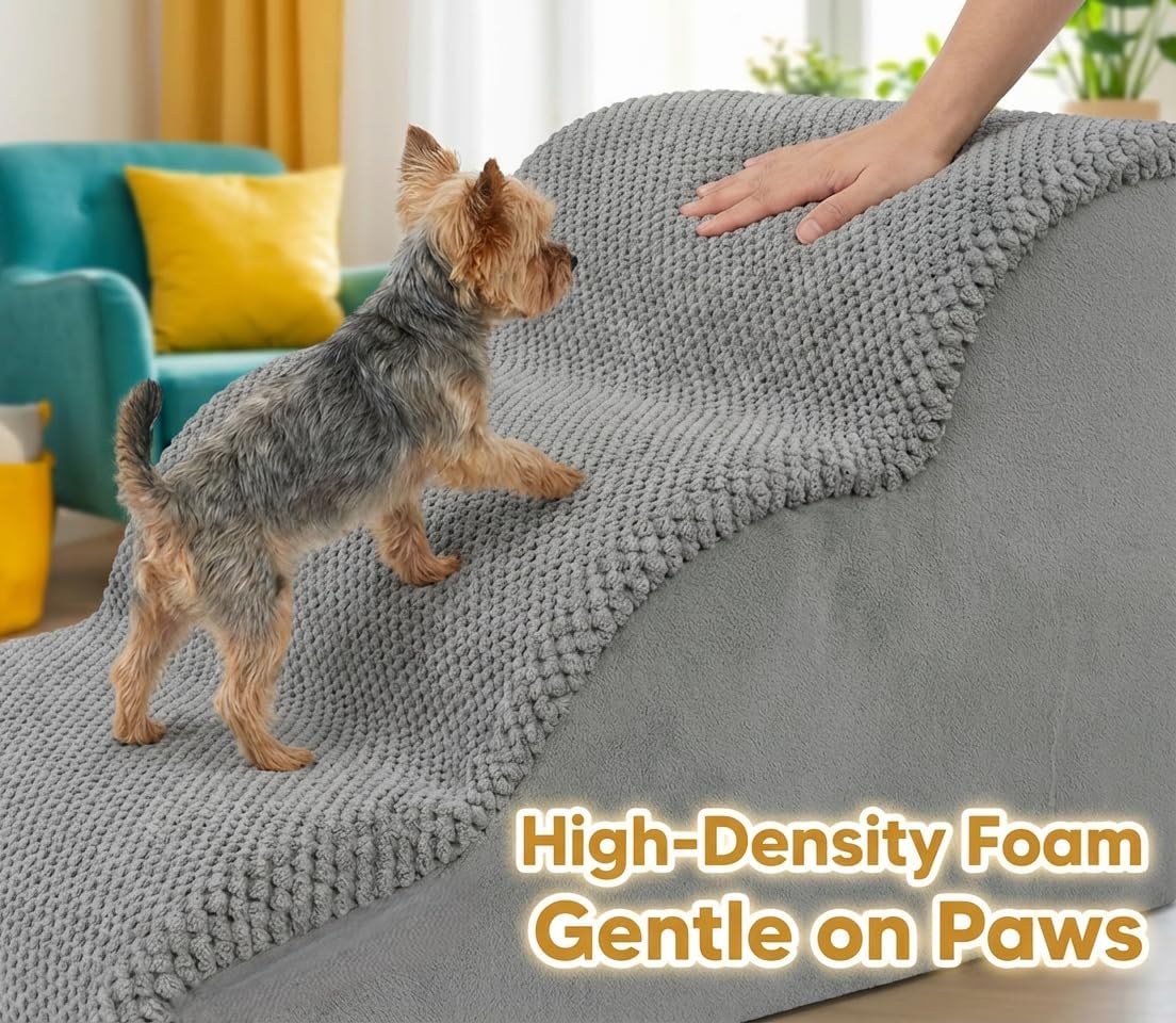 PAWZY Dog Stairs for Medium-Height Beds & Couches, 3-Step Foam Pet Steps 15.5” High for Small Dogs & Cats up to 60 lbs, Wide Non-Slip, Waterproof Washable Zipper Cover, No Assembly, Grey