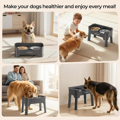 URPOWER 3-in-1 Elevated Dog Bowls - Mess Proof Double Deck 4 Height Adjustable Raised Stand with 2 Stainless Steel Food Bowls & Licking Plate for Small, Medium & Large Dogs
