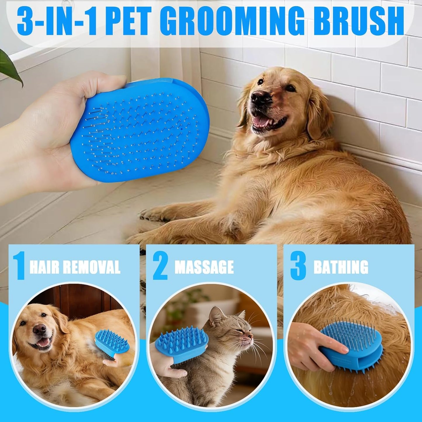 Upgraded Double-Sided Dog Brush for Shedding & Deshedding, Silicone Pet Bath Brush for Long Short Haired Dogs and Cats, Dog Grooming Brush for Shower, Massage, 3-in-1 Hair Removal Comb