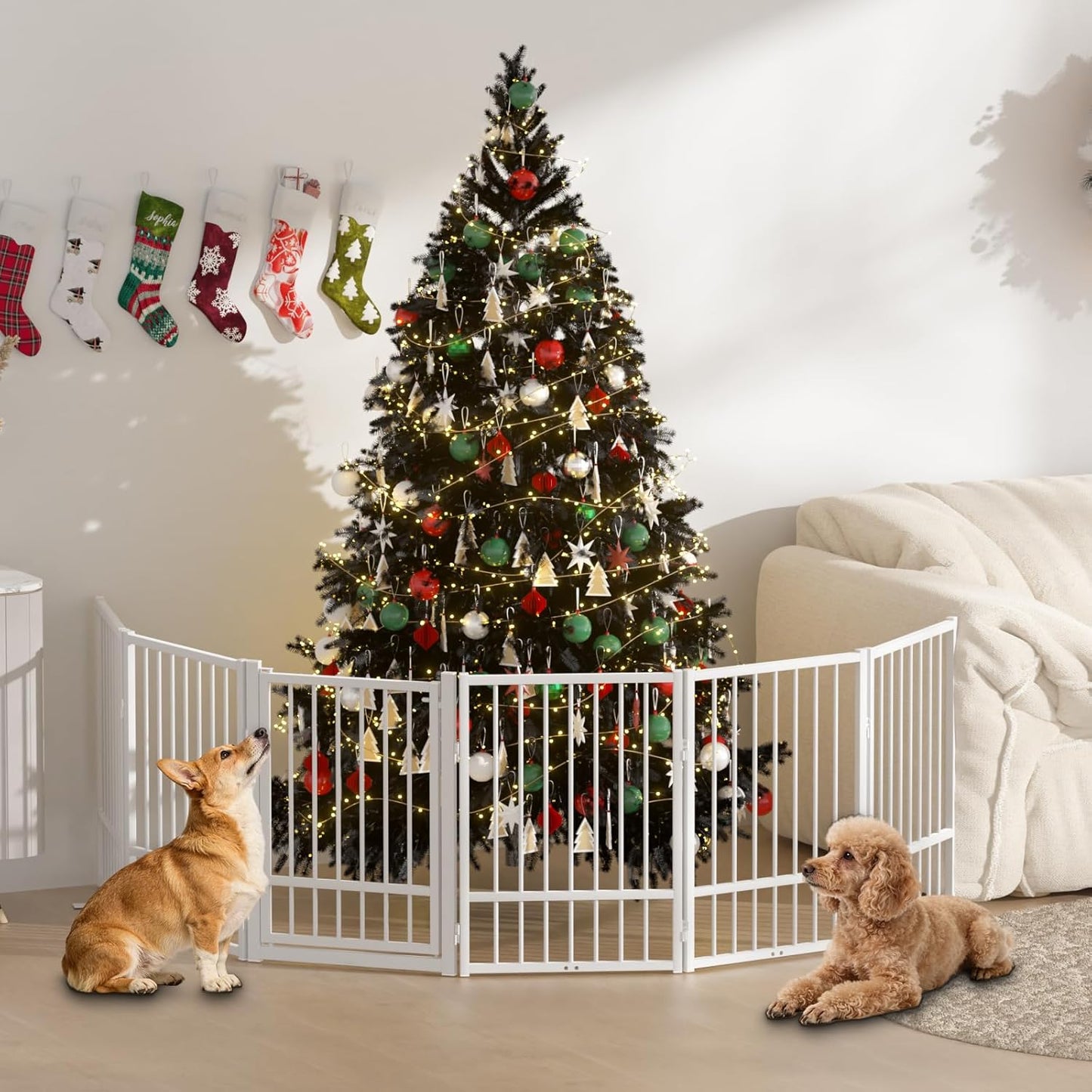 SNUOWU Full Metal Freestanding Dog Gate with Door, 32''Height Foldable Pet Dog Fence for Indoor & Outdoor, 4 Panels Extra Wide Free Standing TallDog Gates for Doorways,House,Stairs,Porch,Deck,Yard