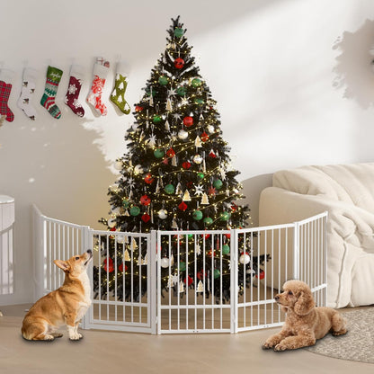 SNUOWU Full Metal Freestanding Dog Gate with Door, 32''Height Foldable Pet Dog Fence for Indoor & Outdoor, 4 Panels Extra Wide Free Standing TallDog Gates for Doorways,House,Stairs,Porch,Deck,Yard