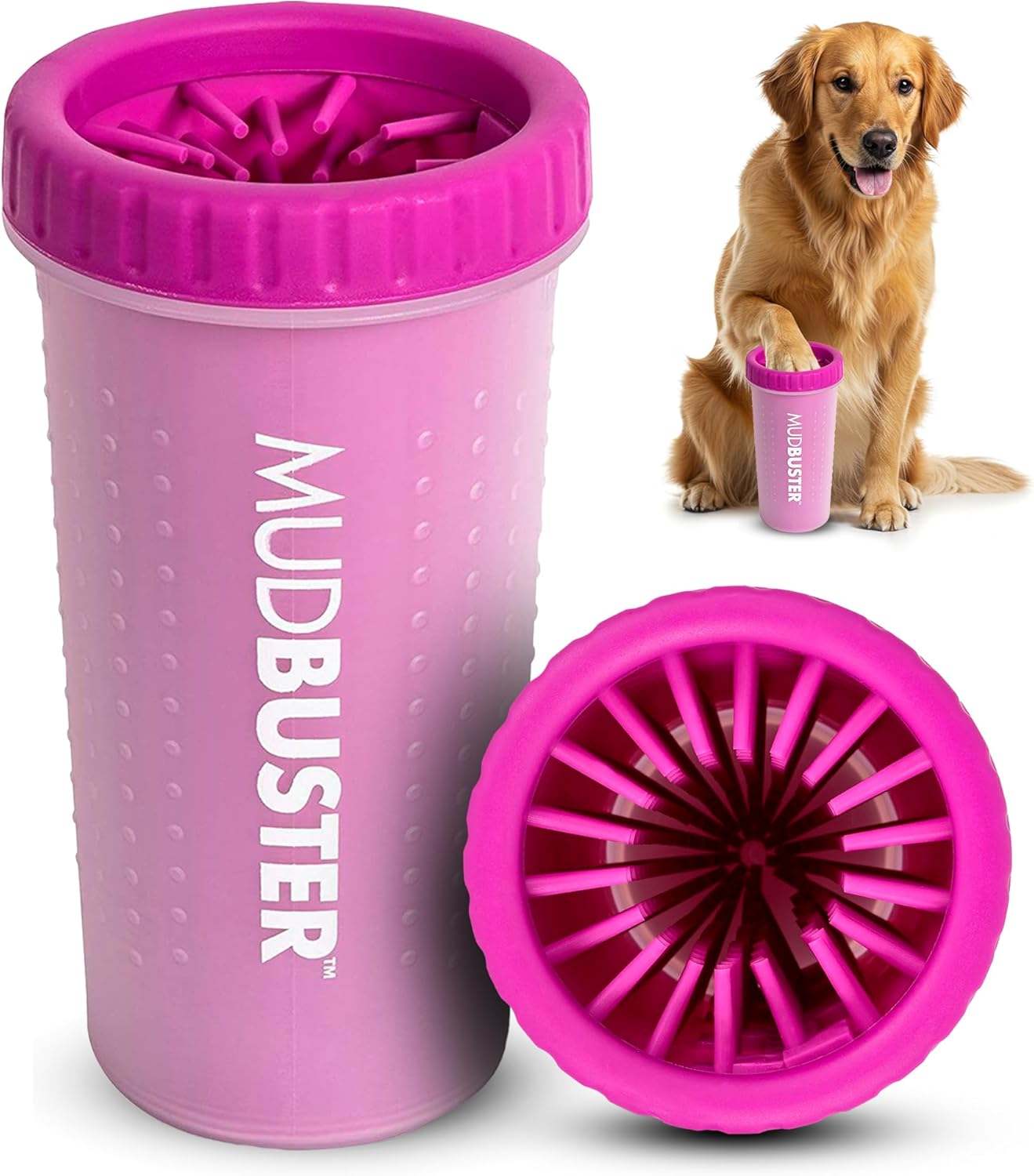 Dexas MudBuster Medium Dog Paw Cleaner in Fuchsia - Fits 1.5"-2.5" Wide Paws, Portable Paw Washer for Muddy Paws, Dog Paw Cleaning Cup with Gentle Silicone Bristles, Quick Clean Pet Paw Washer