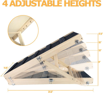 Adjustable Dog Ramp, Portable Folding Pet Ramp, 32" Long Wooden Pet Ramp for Bed with Non-Slip Traction Mat for Small Dogs, Dog Climbing Ladder for Sofa, Bed, Couch, Car (LGPT1, Gray)