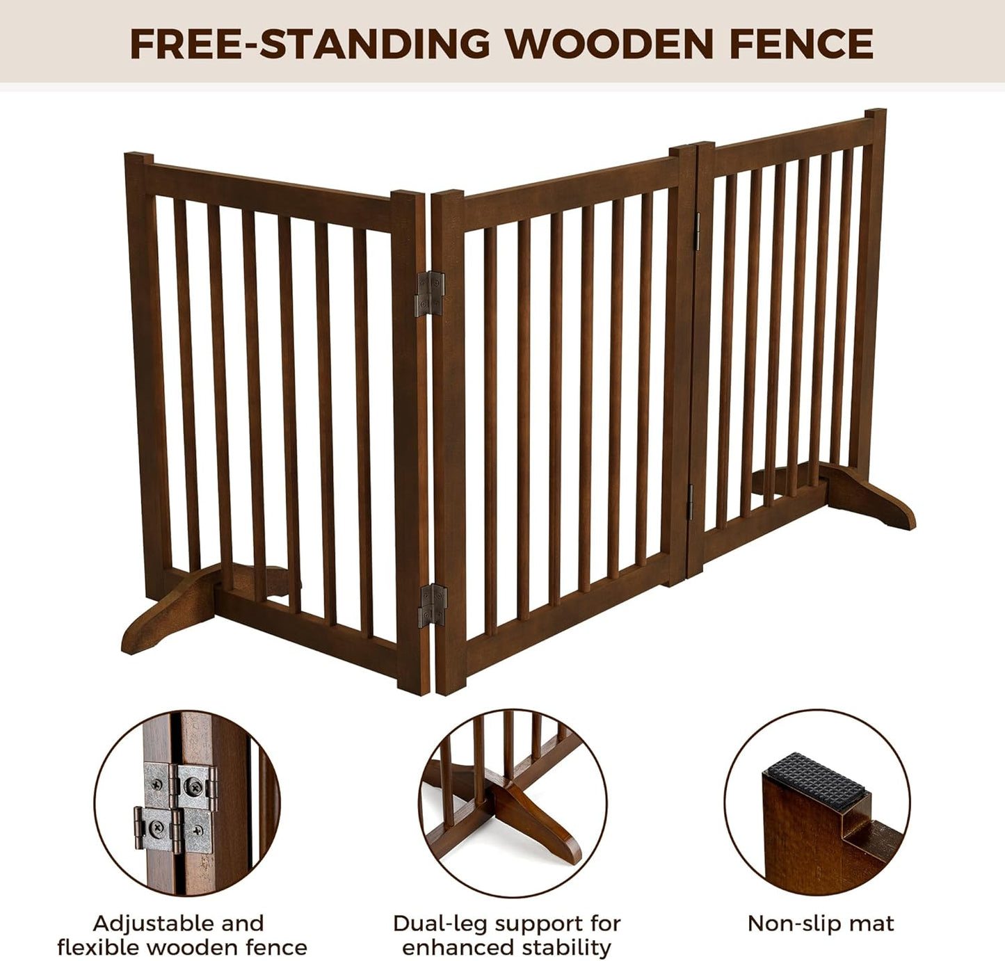 36" H Freestanding Dog Gate, Solid Wood Foldable Pet Gate with Support Feet, Wooden Tall Dog Gate for Doorway, Stairs & Indoor Use, 60" Wide Expandable Pet Fence, 3 Panels, Walnut