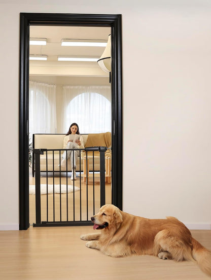 44.72"-46.89" Baby and Pet Safety Gate, 30" Tall Metal Walk-Thru Gate for Doorways & Stairs, Easy One-Hand Open, Dual Lock, Extensions & Wall Mounts Included (Brown, 29"-46" W x 30.5“H)