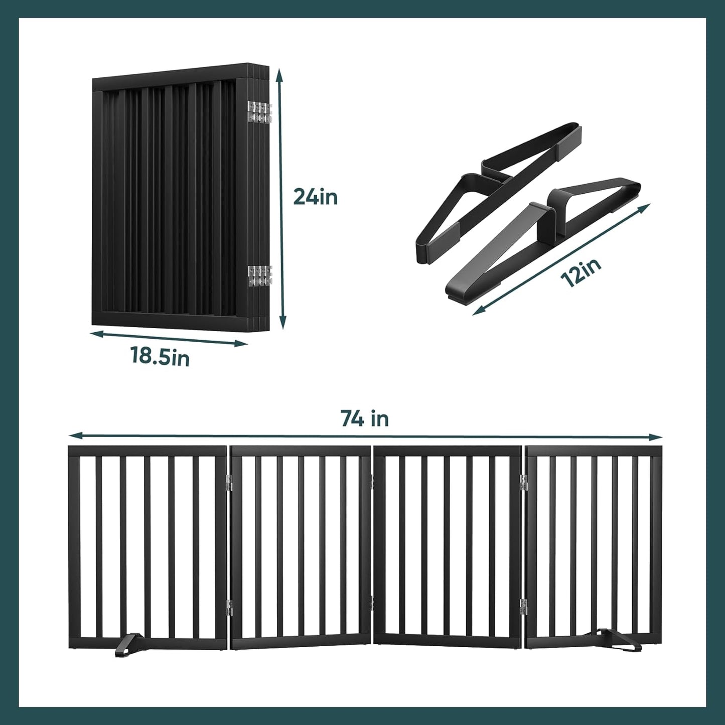Freestanding Dog Gates Indoor, 3-Panel Pet Gates with 2 Metal Stands and 360° Hinge, 24" H Foldable Dog Gate for Stairs, Doorway, Kitchen, Expands Up to 55" Fully Assembled - Black Walnut