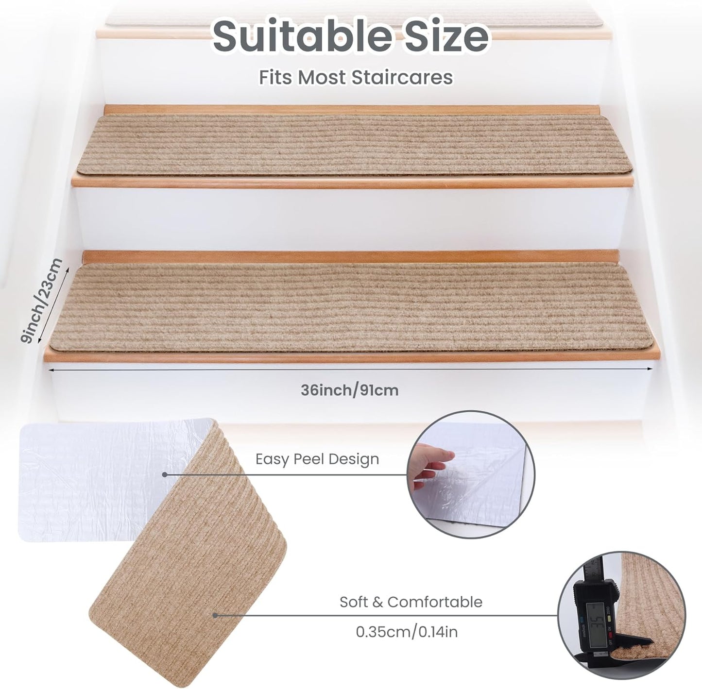 Extra Wide Non Slip Stair Treads for Wooden Steps – 15 Pack 9" x36'' Extra Wide Carpet Runners with Reusable Adhesive, Step Pads for Dogs, Kids, Seniors, Machine Washable – Geige