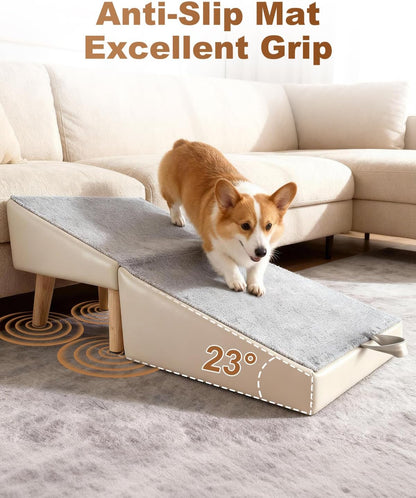 Dog Ramp for Couch Sofa and Low Bed, 15.7" W 2-in-1 Foldable Split Ottoman&Steps, Non-Slip Wooden Pet Stairs for Small Senior Injured Dogs & Cats, Grey