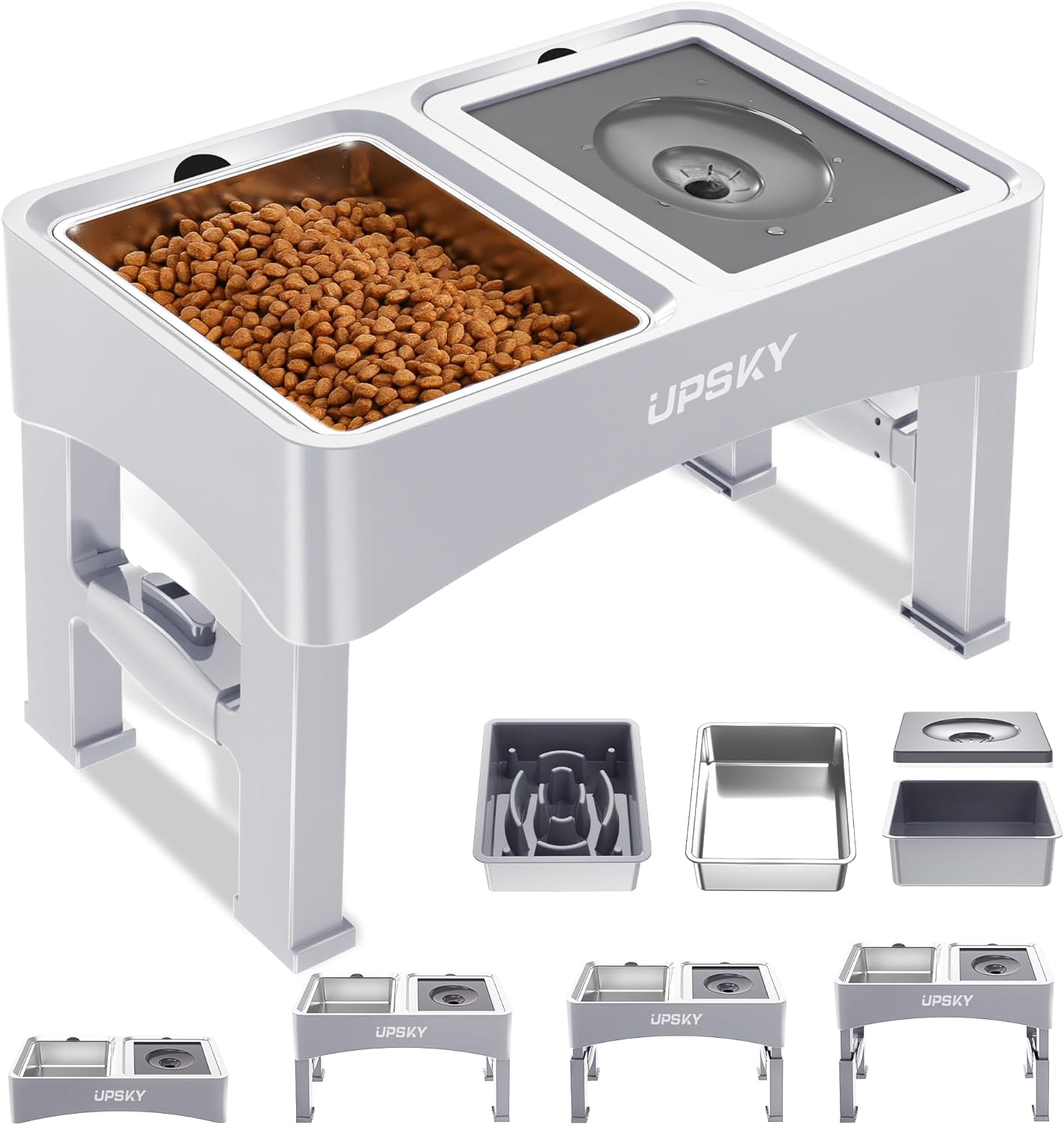 UPSKY 2-in-1 Elevated Dog Bowls Slow Feeder, 4 Height Adjustable Raised Bowl Stand, No Spill Dog Water Bowls, Anti-Slip Food and Water Bowls for Small Medium Dogs(Not Include Stainless Steel Bowl)