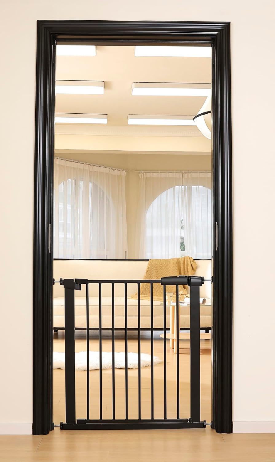 44.72"-46.89" Baby and Pet Safety Gate, 30" Tall Metal Walk-Thru Gate for Doorways & Stairs, Easy One-Hand Open, Dual Lock, Extensions & Wall Mounts Included (Brown, 29"-46" W x 30.5“H)