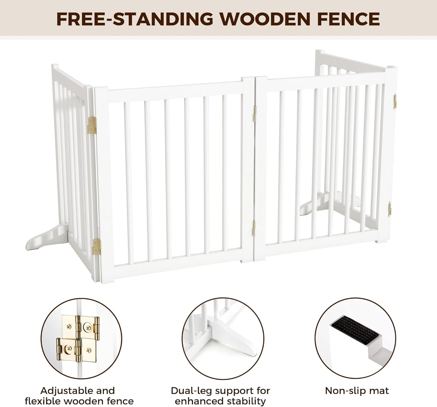 36" H Freestanding Dog Gate, Solid Wood Foldable Pet Gate with Support Feet, Wooden Tall Dog Gate for Doorway, Stairs & Indoor Use, 60" Wide Expandable Pet Fence, 3 Panels, Walnut