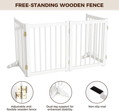 36" H Freestanding Dog Gate, Solid Wood Foldable Pet Gate with Support Feet, Wooden Tall Dog Gate for Doorway, Stairs & Indoor Use, 60" Wide Expandable Pet Fence, 3 Panels, Walnut