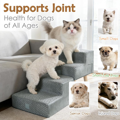 Dog Stairs for Small Dogs and Cats, 4-Step Dog Ramp for Couch and Bed, Foldable 2-in-1 Wooden Pet Steps for Puppy, Split Ottoman Design, Beige