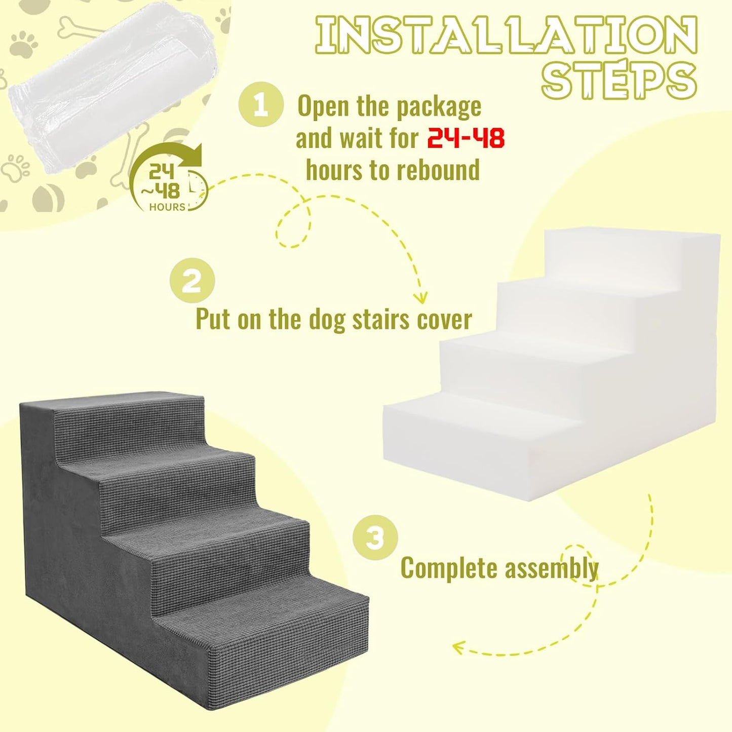 Niubya Dog Stairs for Small Dogs and Cats,18'H Non-Slip Bottom Pet Steps for High Beds and Couch,Extra Wide High-Density Foam Pet Stairs Grey,4 Steps