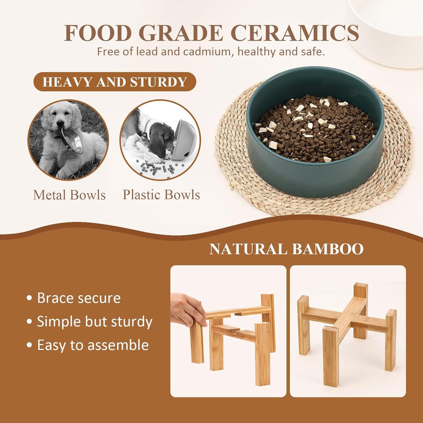 Elevated Ceramic Cat Bowl - Cat Food Bowl with Bamboo Stand - Raised Dog Dish for Puppies - Anti Vomiting, Stress Free - 13.5 oz / 400 ml - White