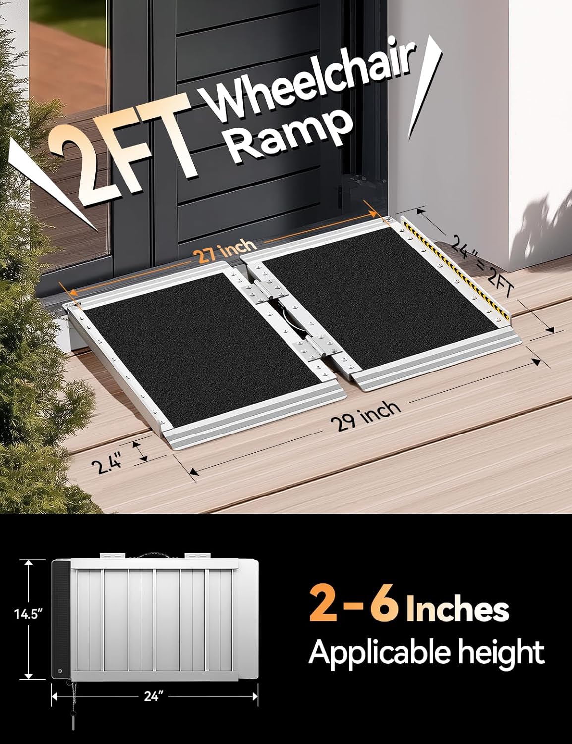 FACHNUO 2 Feet Portable Wheelchair Ramp, Non-Skid Aluminum Handicap Ramps with Handle, Folding Threshold Wheel Chair Ramp for Home Steps, Stairs, Entry, Doorways, Applicable Height 2-6 inches