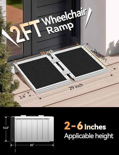 FACHNUO 2 Feet Portable Wheelchair Ramp, Non-Skid Aluminum Handicap Ramps with Handle, Folding Threshold Wheel Chair Ramp for Home Steps, Stairs, Entry, Doorways, Applicable Height 2-6 inches