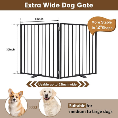 104" Extra Wide Dog Gate, Heavy Duty Metal Freestanding Dog Gate with Door for Indoor & Outdoor, Foldable Pet Fence for Doorways,House,Porch,Deck,Yard,Stairs, Auto Close(4 Panels,Black)