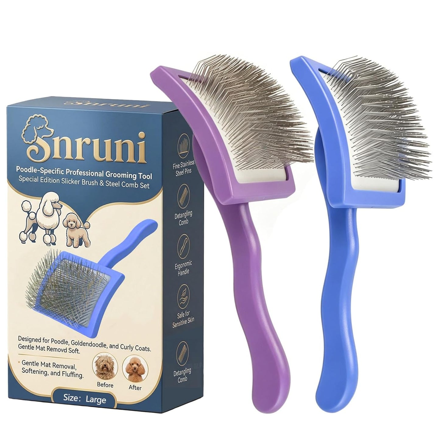 3PCS Slicker Brush for Dogs Set, 2 Professional Dog Grooming Brushes with 1 Stainless Steel Comb for Goldendoodles, Poodles & Labradoodles, Removes Mats, Knots & Loose Hair (Large, Blue&Blue)