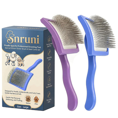 3PCS Slicker Brush for Dogs Set, 2 Professional Dog Grooming Brushes with 1 Stainless Steel Comb for Goldendoodles, Poodles & Labradoodles, Removes Mats, Knots & Loose Hair (Large, Blue&Blue)