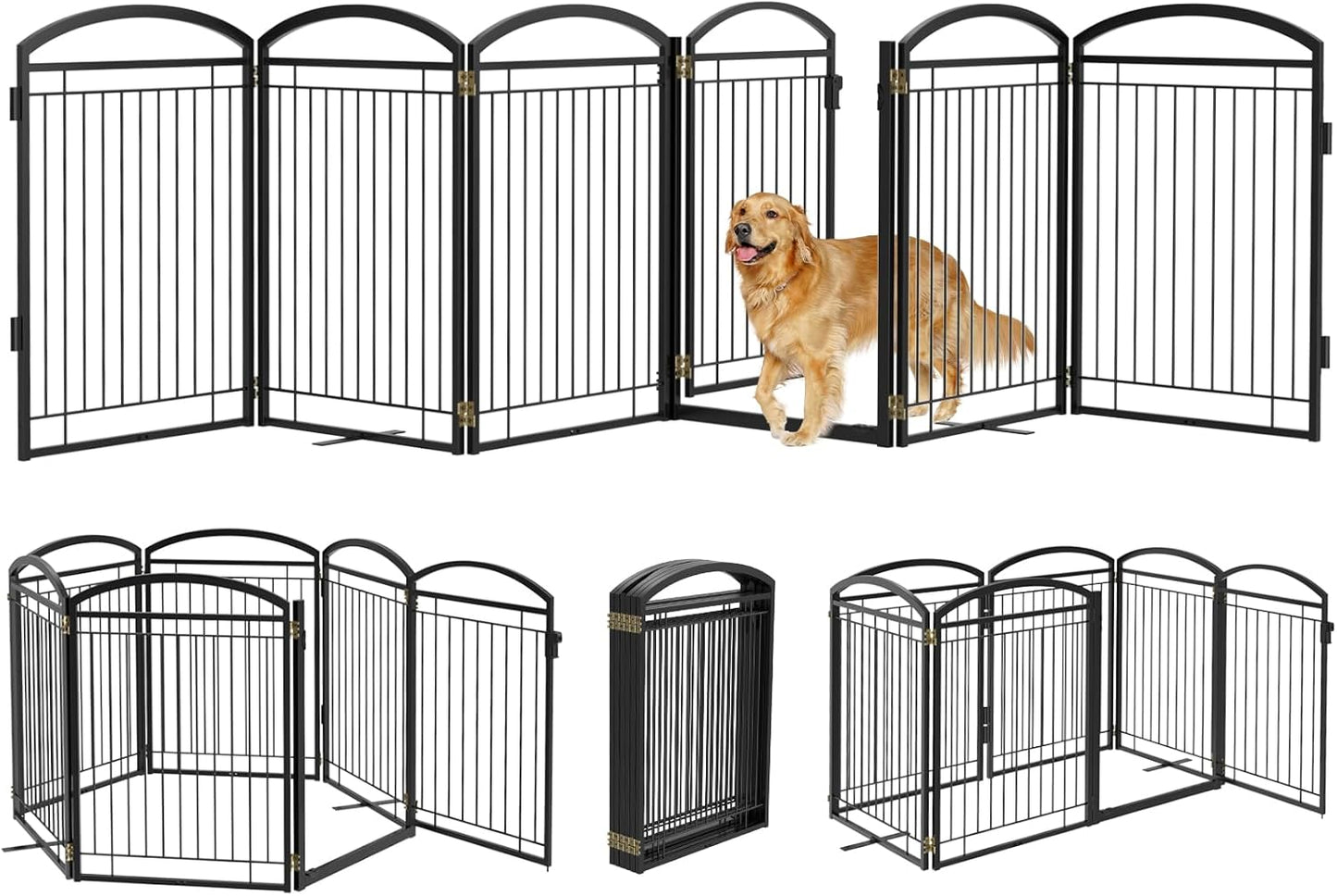 Full Metal Free Standing Dog Gate with Door for Indoor & Outdoor,96'' Extra Wide 32'' Tall Dog Gate for The Doorways,Large Openings,Decks,Porch,Pet Freestanding Safety Fence(4 Panels,Black)