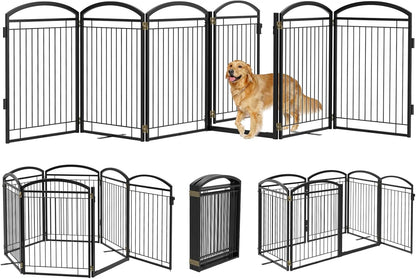 Full Metal Free Standing Dog Gate with Door for Indoor & Outdoor,96'' Extra Wide 32'' Tall Dog Gate for The Doorways,Large Openings,Decks,Porch,Pet Freestanding Safety Fence(4 Panels,Black)