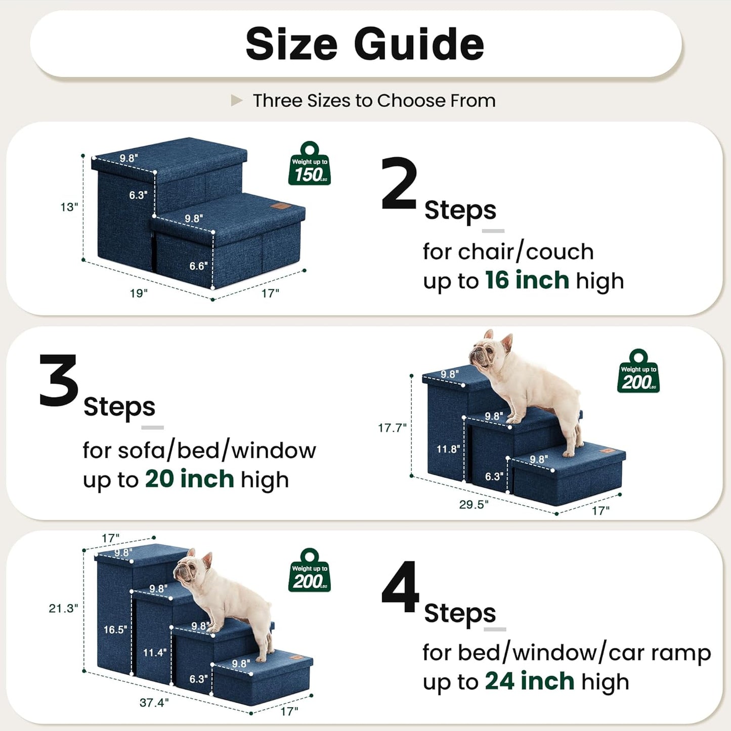 Love's cabin Dog Stairs with Storage 13" H, Foldable Pet Stairs for Small Medium or Large Dogs, Cat Puppy Steps Ramp with Zip up to 150 lbs, Solid Grey, 2 Steps