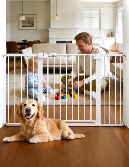 Babelio 29-55 Inch Extra Wide Baby/Dog Gate, PressGuard P7, Metal Auto Close, Pressure Mounted Pet Door for Doorways, NO Need Tools and Drilling, with Wall Cups, White