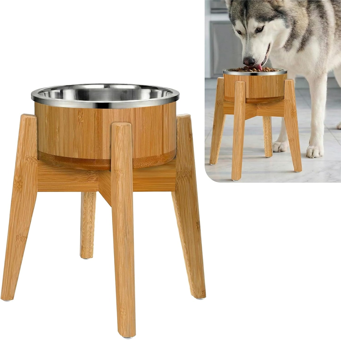 Elevated Slow Feeder Dog Bowls Large Breed - (12-inch-high) - Raised Bowl with Anti-Choking Insert - Stainless Metal and Bamboo