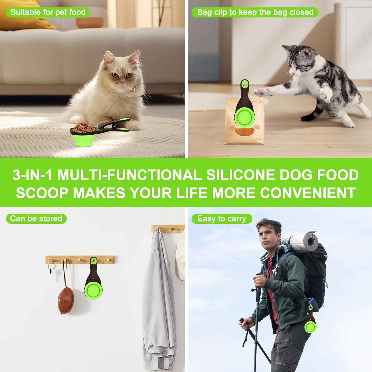 Collapsible Silicone Dog Food Scoop Foldable Pet Food Measuring Cup with Bag Clip 3 in 1 Multi-Function Silicone Dog Food Scooper (Rose Red, Medium)