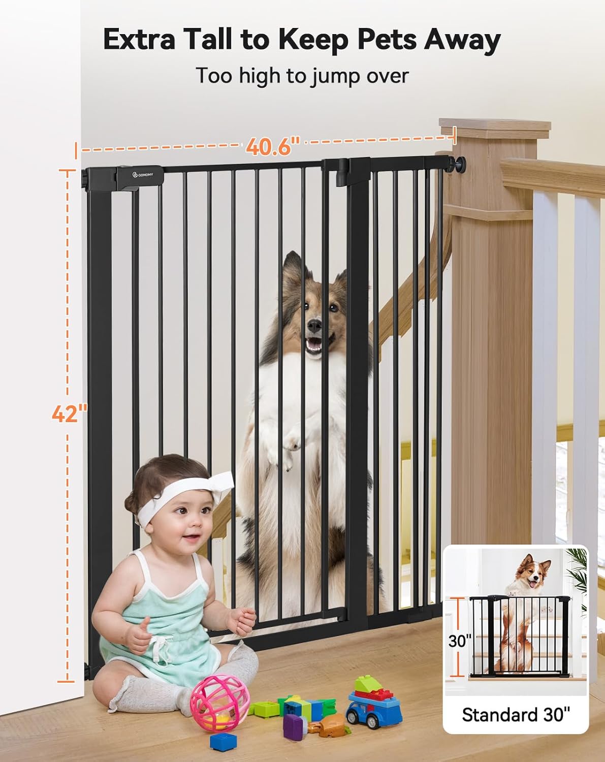 COMOMY 42" Extra Tall Baby Gate for Stairs Doorways, Fits Openings 29.5" to 40.6" Wide, Auto Close Sturdy Safety Dog Gate for House, Pressure Mounted Easy Walk Through Pet Gate with Door, White
