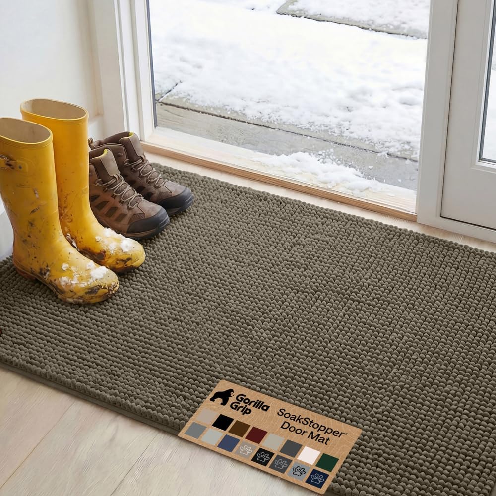GORILLA GRIP SoakSTOPPER Dog Door Mat, 30x20 Machine Washable Rug Absorbent Doormat Captures Moisture Mud Dirt, Quick Dry Soft Chenille Entryway Rugs Indoor Entrance Mats for Dog Paws, Paw Grey