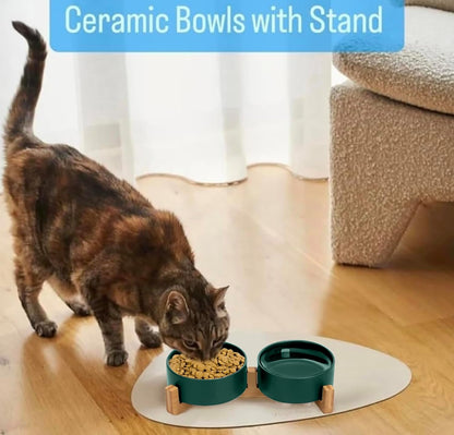 Ceramic Cat and Small Dog Bowl Set – Modern Indoor Small Size Pet Food and Water Bowls with Wood Stand – Non Slip Puppy Sized Feeding Station with Double Dishes (Gray)