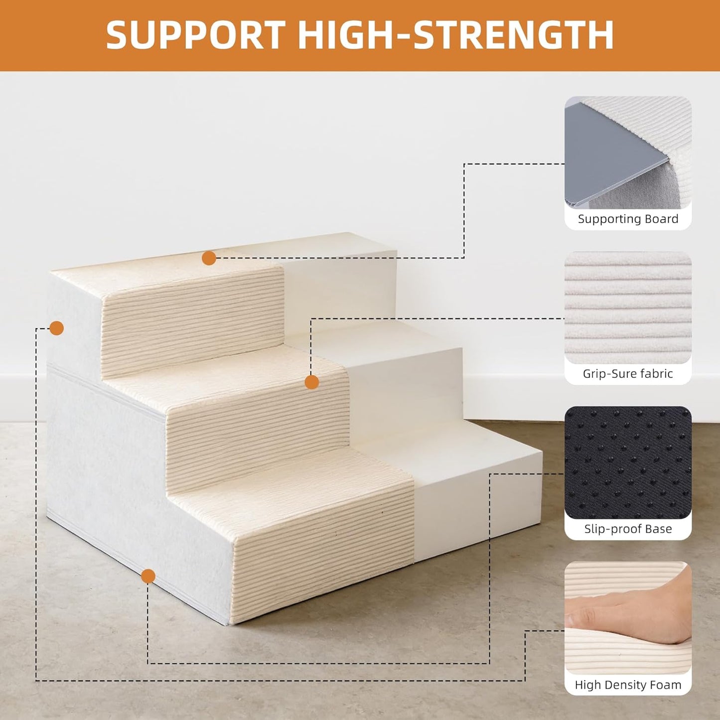 Dog Stairs for Small Dogs, 13.5" H, 3-Step Pet Steps for Couch Sofa and Chair, Non-Slip Balanced Pet Ramp for Medium Cats,Indoor Dog Ladder, Grey