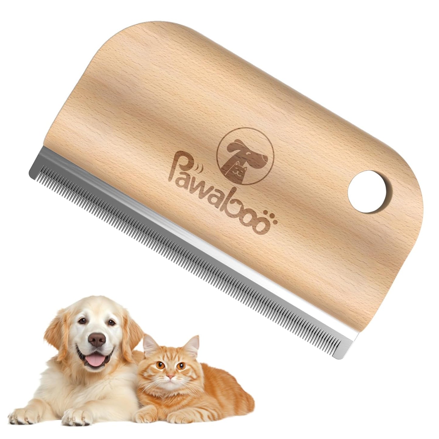 Pawaboo Deshedding Brush for Dogs & Cats, Dog Hair Removal Comb with Ergonomic Gripping, Wooden Grooming Shedding Brush for Long Hair Dogs and Cats, Hangable Pet Cleaning Comb Supplies, 5.1 Inch