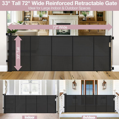 Reinforced 56" Wide Retractable Baby Gates for Doorways with Support Rods - Prevent Crawling Under Retractable Gate, Mesh Pet Gate for Stairs Retractable Dog Gates for The House Indoor/Outdoor, Black