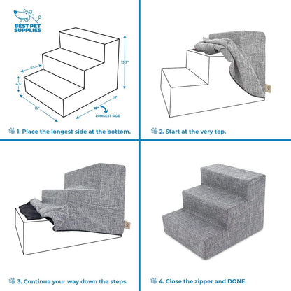 Best Pet Supplies Foam Pet Steps Cover for Small Dogs and Cats, Portable Ramp Stairs for Couch, Sofa, and High Bed Climbing (Cover Only) - Ash Gray Linen, 3-Step (Cover Only)
