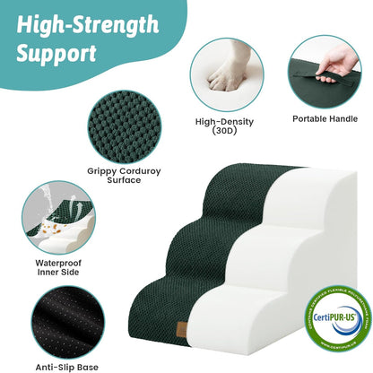 COZY KISS Dog Stairs for Small Dogs 15.7" H, Curved Dog Step for Puppy, Older Cat, Medium Pet Ramp for Sofa, Couch or Chair, Ladder with High Density Foam, 3 Step, 15.7x22.4x15.7 inch, Beige